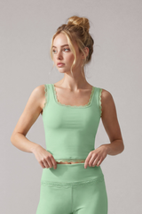 Women's Lace Trim Square Neck Cropped Sports Yoga Tank Top
