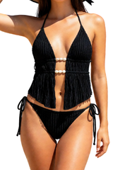 Women's Textured Halter Deep V Drawstring Bikini Set