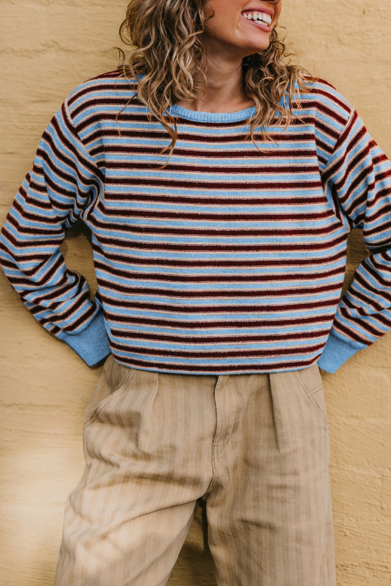 Women's Fall/Winter Striped Crew Neck Cropped Knit Sweater