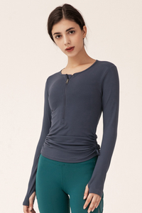Women's Spring Side Drawstring Half Zipper Long Sleeve Top