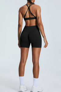 Women's Set:V-neck Cross Back Bra And Pleated Buttocks Lift Shorts