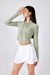 Women Hooded Drawstring Short Slim Outdoor Sports Fitness Yoga Jacket