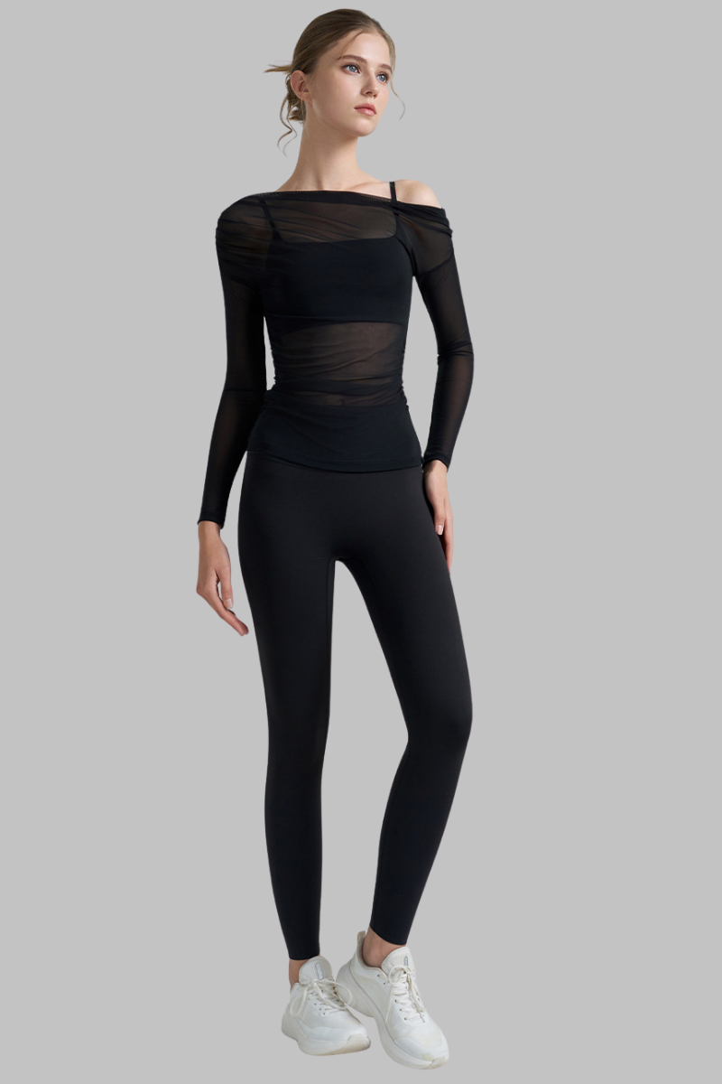 Women's Yoga 3-Piece Set:Bra+ Off-Shoulder Mesh Top+Leggings