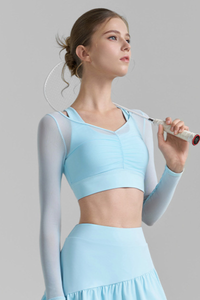 Women's Mesh Fake Two Piece Pleated Long Sleeve Yoga Top