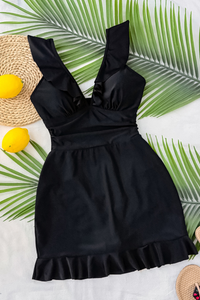 Women's V-Neck Ruffle Solid Cinched Waist Slimming Swimsuit