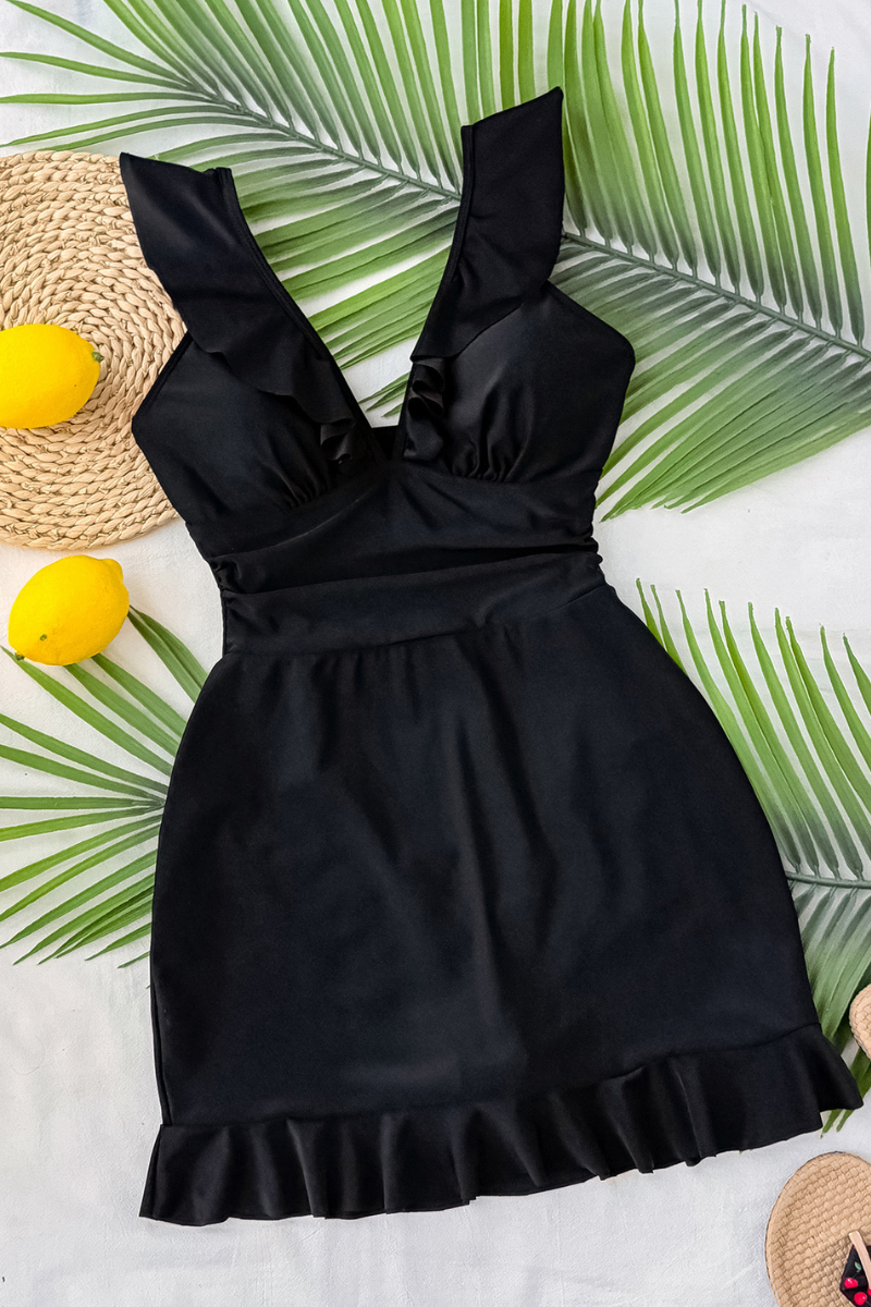 Women's V-Neck Ruffle Solid Cinched Waist Slimming Swimsuit