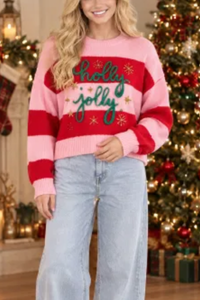 Women's Winter Christmas Striped Color Block Knit Sweater
