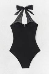 Women's Solid Mesh Panel Halter Ruched Cinched Waist Swimsuit