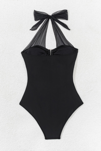 Women's Solid Mesh Panel Halter Ruched Cinched Waist Swimsuit