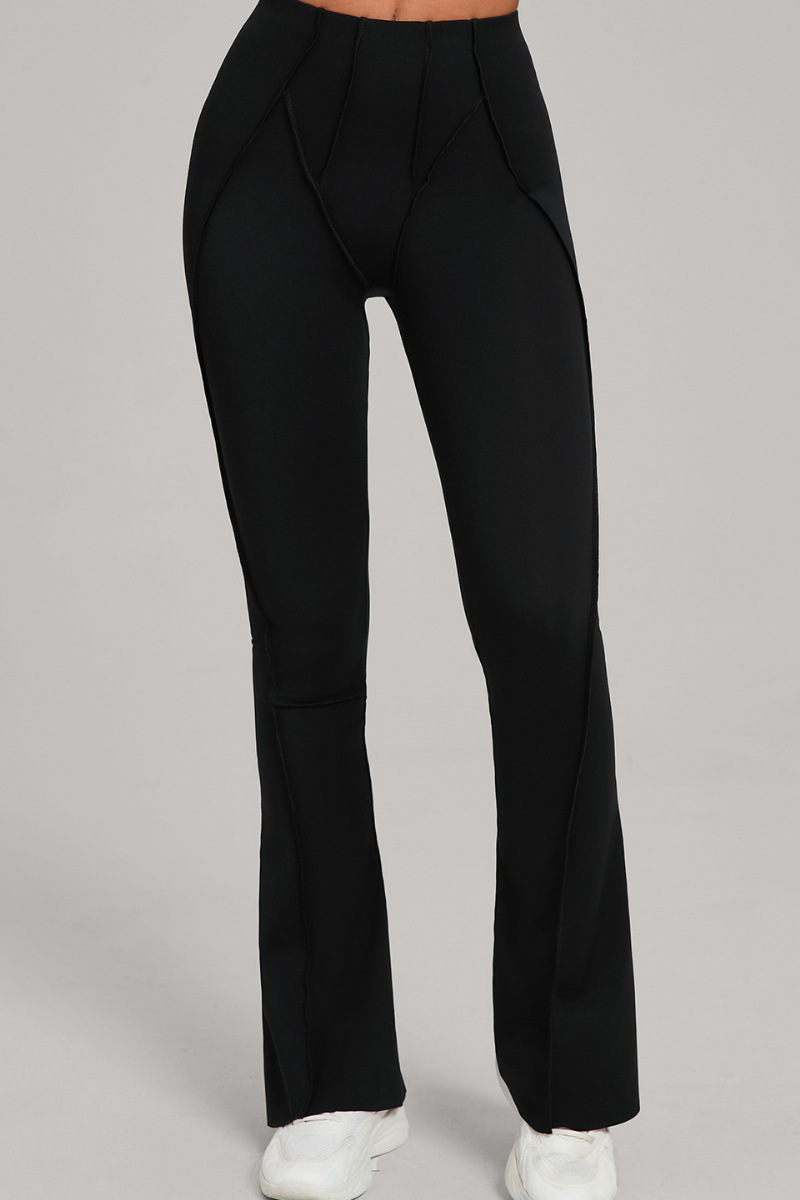 Wide-leg, snug, textured, and high-waisted flared pants