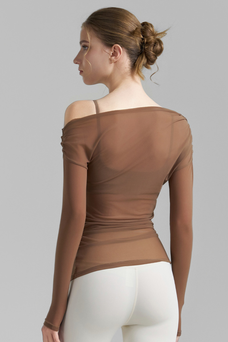 Women's Retro Asymmetric Ruched Mesh Top And Bra Sets