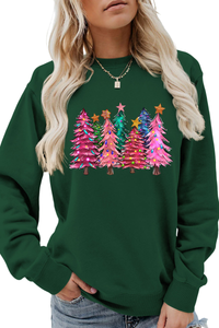 Women's Christmas Colorful Tree Print Crew Neck Sweatshirt