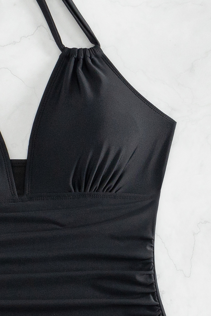 Women's V-neck Pleated Halterneck Waist Cinching Swimsuit