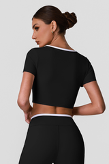 Women's Contrast Cross Cutout Neckline Cropped Workout Tee