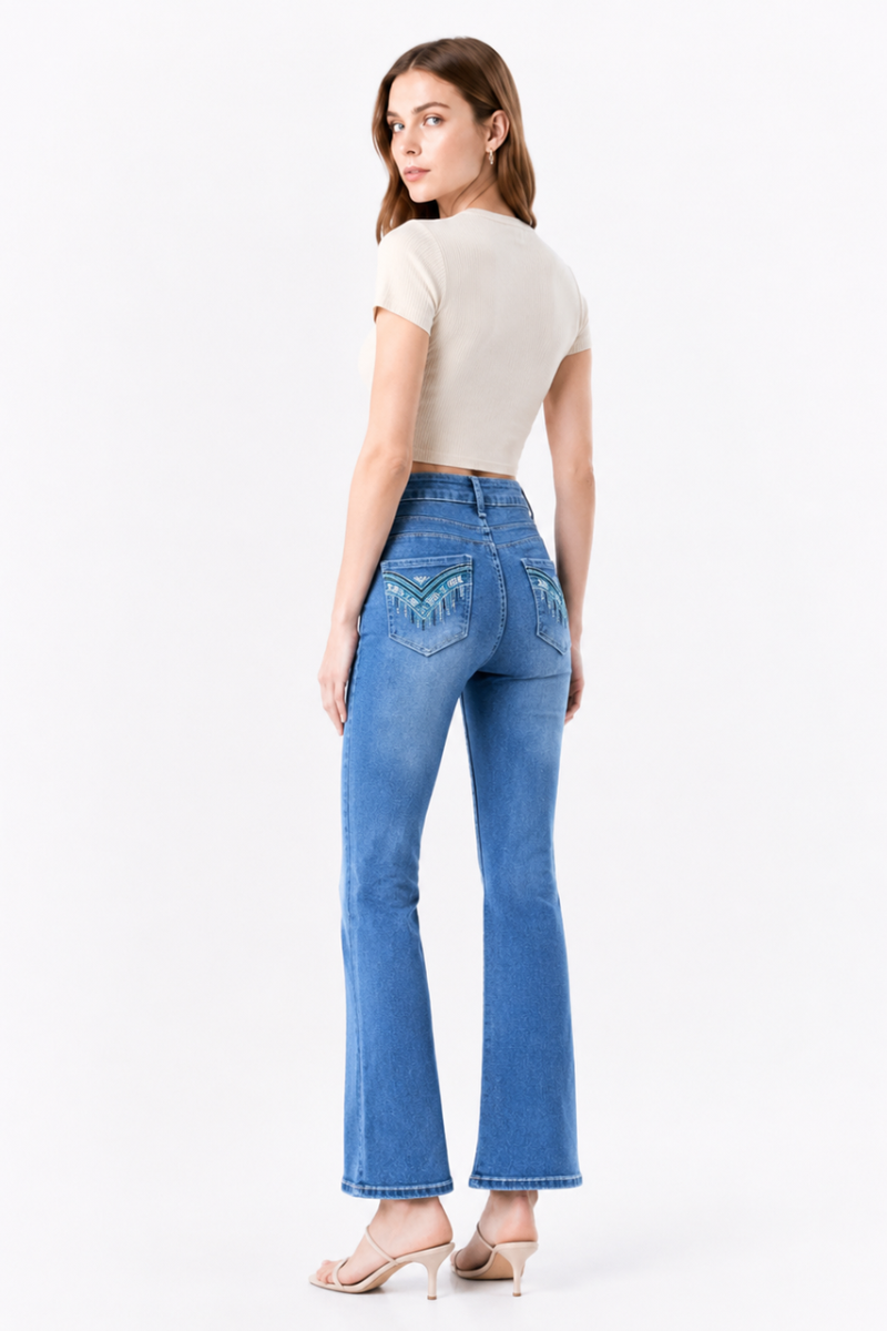 Women's High Waist Stretch Embroidered Pockets Flare Jeans