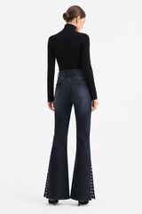 Women's High Waist Flare Jeans with Side Pearl Details