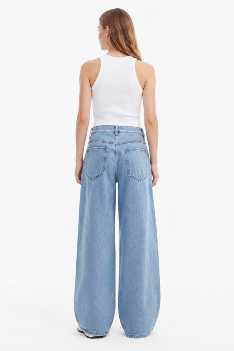 Women's 100% Cotton High Waist Wash Wide Leg Jeans