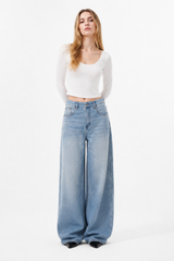 Women's 100% Cotton Mid Waist Wash Wide Leg Jeans
