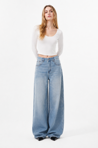 Women's 100% Cotton Mid Waist Wash Wide Leg Jeans