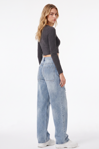 Women's Fall High Waist Ripped Straight Leg Jeans
