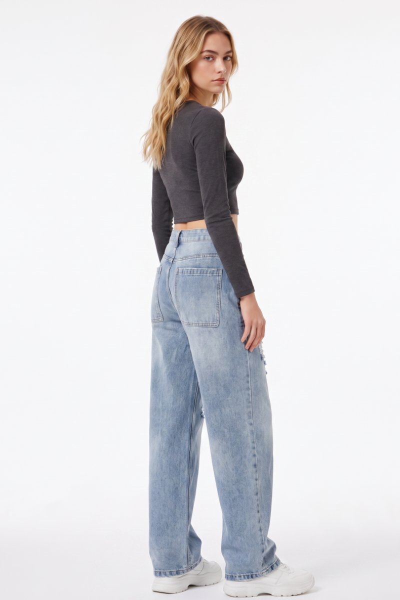 Women's Fall High Waist Ripped Straight Leg Jeans