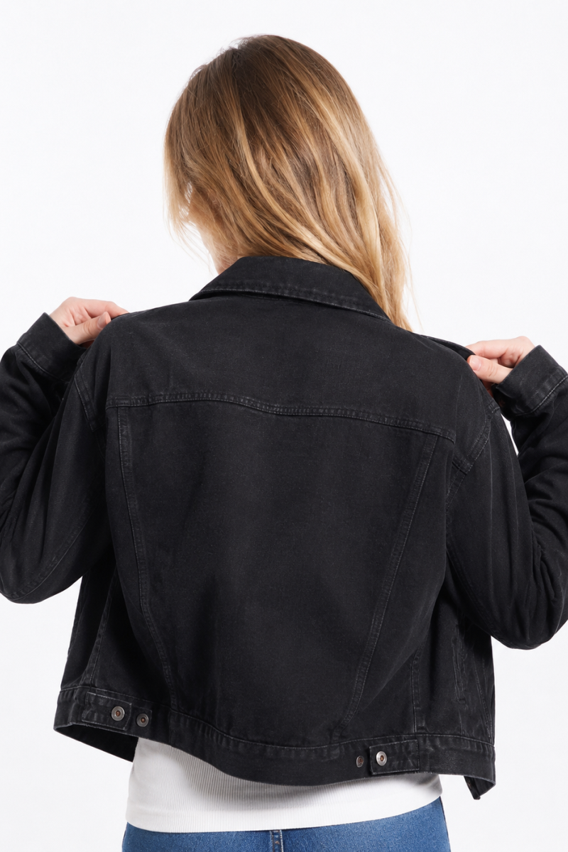 Women’s Black Button Front Chest Pocket Denim Jacket