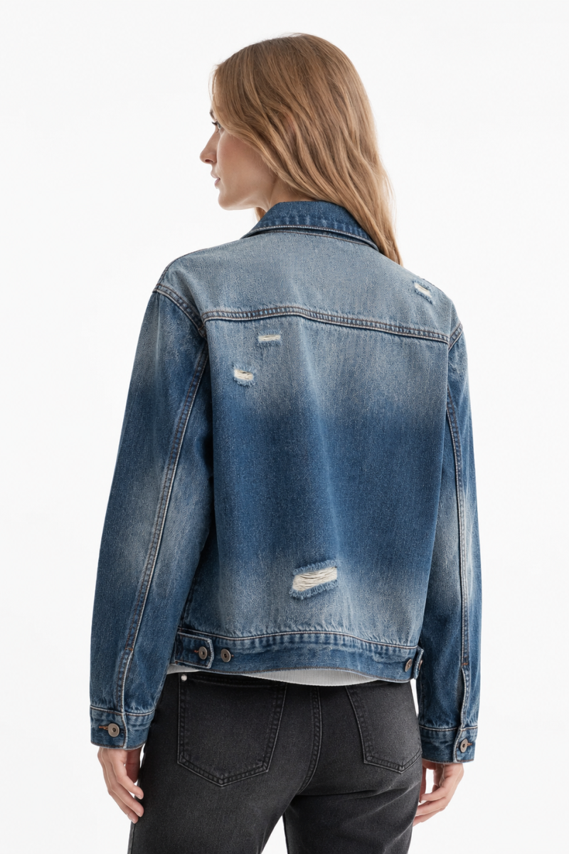 Women's Fall 100% Cotton Distressed Wash Casual Denim Jacket