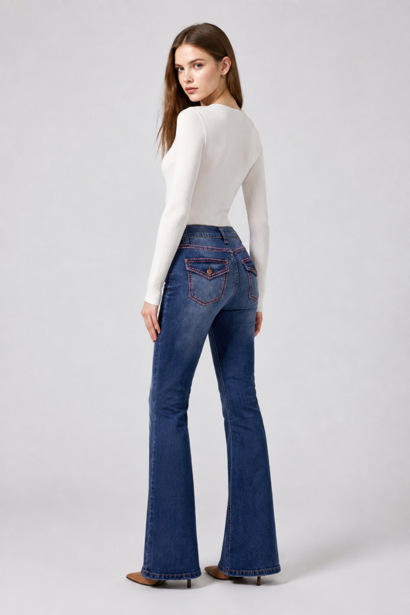 Women's High Waist Flare Jeans with Contrast Stitching