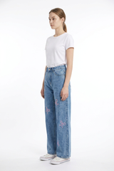 Women's High Waist Pink Bow Printed Wide Leg Jeans