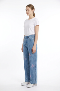 Women's High Waist Pink Bow Printed Wide Leg Jeans