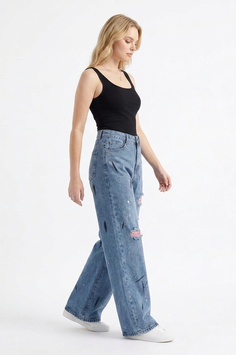 Women's High Waist Graffiti Ripped Wide Leg Jeans