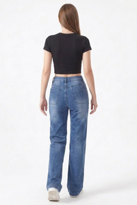 Women's Classic Blue Washed Mid Waist Straight Leg Jeans