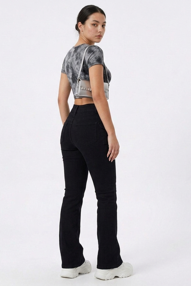 Women's Fall Black Mid Waist Slim Fit Stretch Flare Jeans