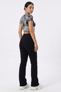 Women's Fall Black Mid Waist Slim Fit Stretch Flare Jeans