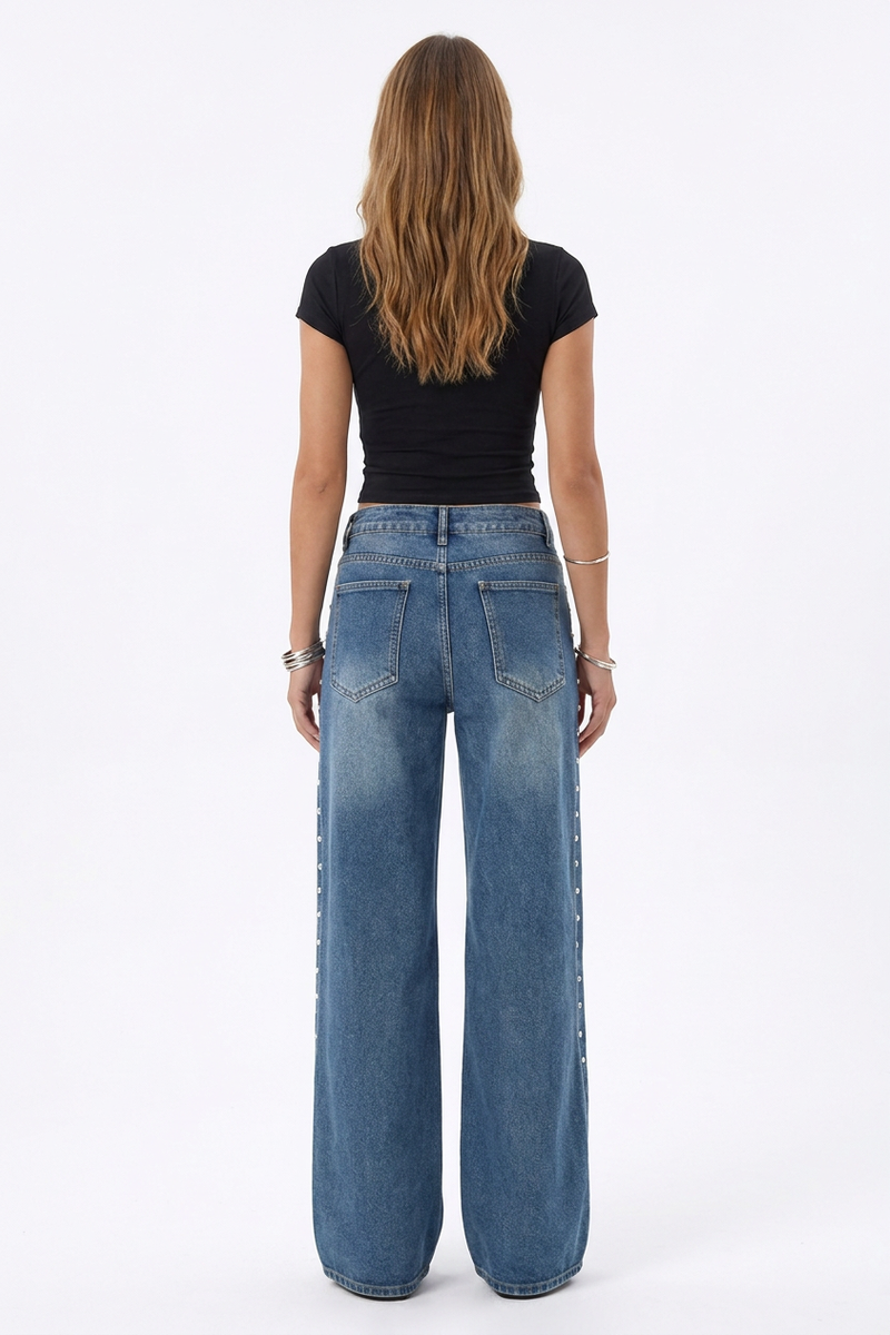 Women's Fall Studded Side Wide Leg Jeans