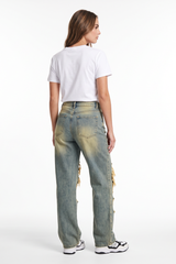Women's Fall Distressed Ripped Knees & Frayed Wide Leg Jeans