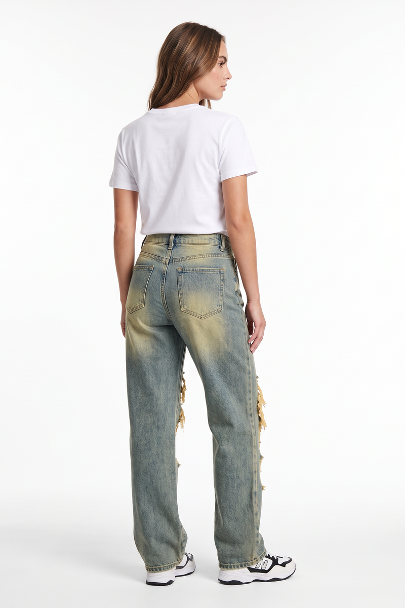 Women's Fall Distressed Ripped Knees & Frayed Wide Leg Jeans