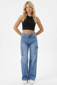 Women's Streetwear Side Pocket Relaxed Wide Leg Cargo Jeans