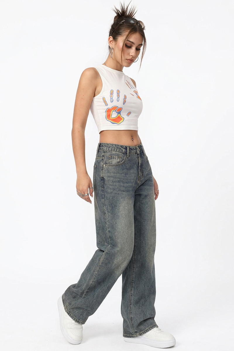 Women's Vintage Washed Mid Waist Loose Wide Leg Jeans
