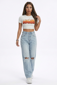 Women's High Waist Straight Leg Ripped Jeans