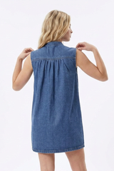 Women's Blue Half-Button Sleeveless Mini Denim Dress
