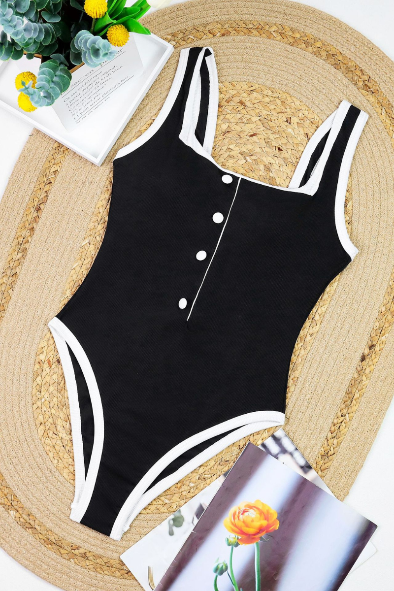 Women's Sexy Contrast Square Neck Slim One Piece - Black