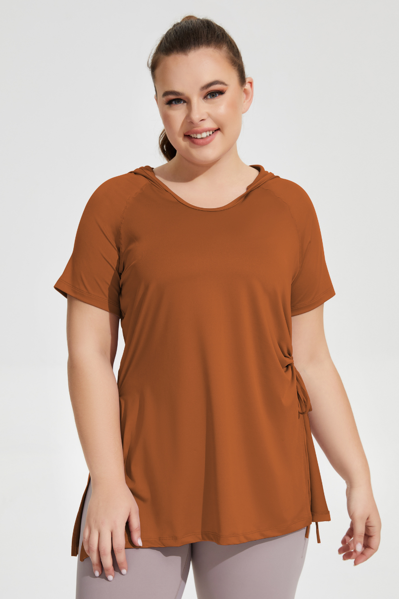 Plus Size Women's Side Drawstring Slit  Hooded T-shirt