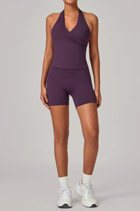 Women's Athletic Set:Halterneck Pleated V-neck Bra & Shorts