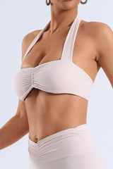 Women's Solid Halter Neck Ruched Front Padded Sports Bra