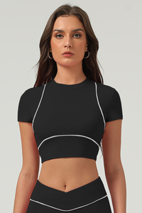 Women's  Color-Block Piping Cropped Mock Neck Sports Top