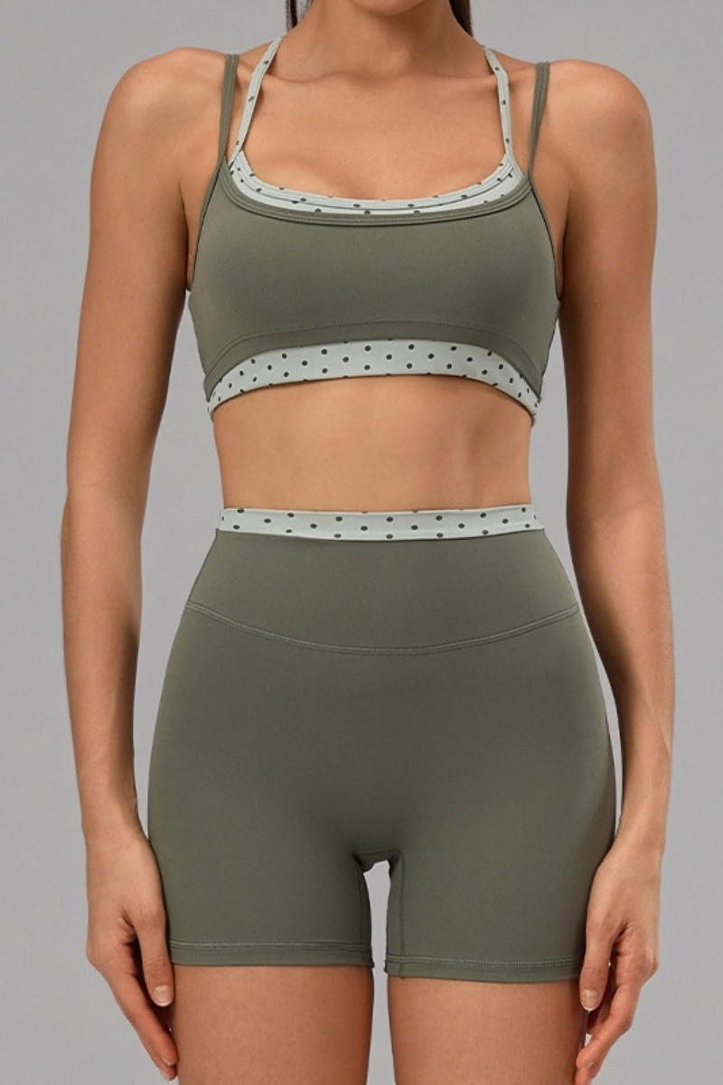 Women's Polka Dot Contrast Bra and Athletic Shorts Yoga Set