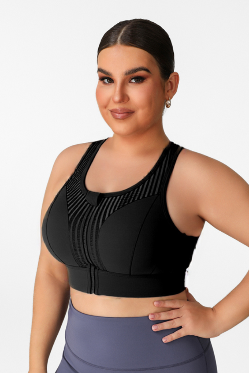 Plus Size Women's Mesh Panel Zip-Up Sports Bra