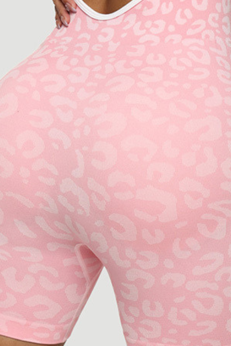 Women's Pink Leopard-Print Crisscross Back Gym Jumpsuit