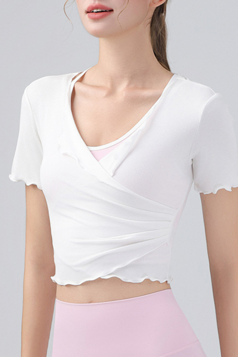 Women's V Neck Ruching Trim Cropped Wrap Top